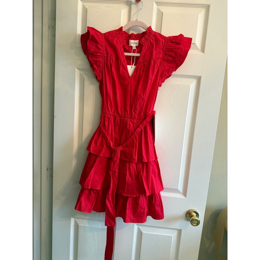 Heyson Red Ruffle Flutter Sleeve Tiered Cotton Mini Dress LD1030 Small